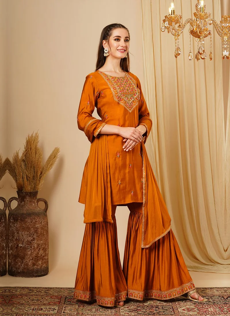 globus Mustard Globus Women Floral Embroidered Sequinned Straight Kurta With Sharara & Dupatta Festive Set for Women | Best Price UAE